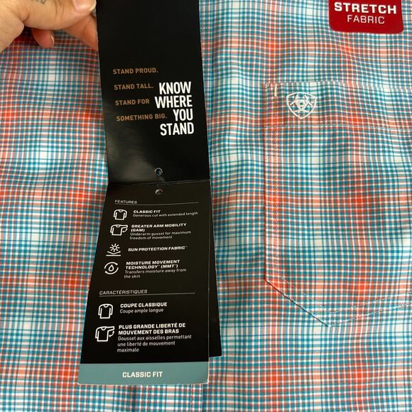 Ariat Button Up Shirt Men's M Naragon LS Stretch Orange Blue Plaid Classic NWT - Picture 7 of 15